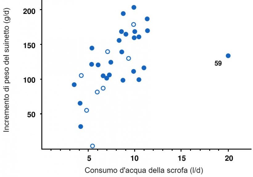 Illustrazione 6. Rapporto tra l&#39;aumento di peso medio dei suinetti (g / g) durante i primi 3 giorni dopo la nascita e il consumo medio di acqua della scrofa (l / g) negli stessi 3 giorni pi&ugrave; il giorno del parto. Ogni punto rappresenta una delle 34 figliata&nbsp;con registrazioni complete di aumento di peso e consumo di acqua. Le scrofe con una temperatura corporea massima di &gt; 40,6 &deg; C (&gt; 105 &deg; F) sono mostrate a cerchi aperti. La correlazione &egrave; r = 0,53 sulla base di tutti i dati, r = 0,68 omettendo la figliata 59 (il valore anomalo sulla destra) e r = 0,65 omettendo il valore anomalo e scrofe con temperatura corporea elevata.
