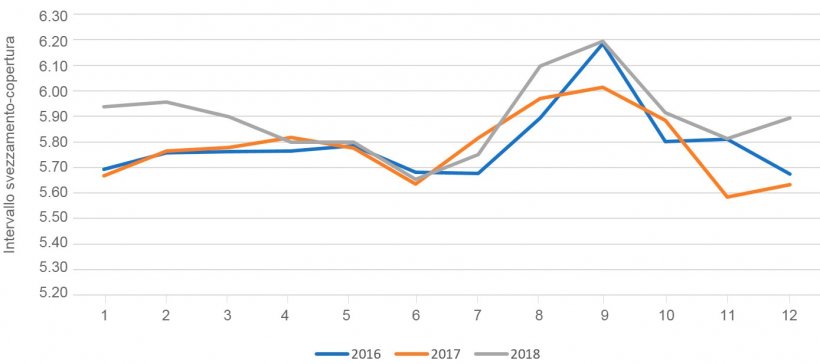 Figura 1. Intervallo svezzamento-copertura in funzione del mese dell&#39;anno. Fonte: PigChamp Pro Europa
