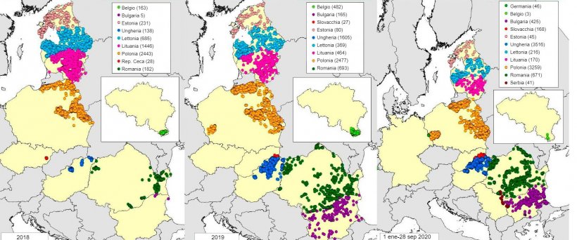 Mappa dei casi di cinghiale dichiarati nel 2018, 2019 e 2020 (fino al 28 settembre 2020) (Fonte RASVE-ADNS)
