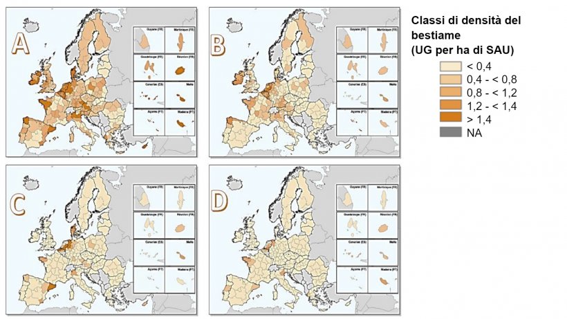 Densit&agrave; del bestiame nell&#39;Unione europea nel 2016 per: (a) tutti il bestiame, (b) bovini, (c) suini e (d) pollame. Stima dividendo il numero di unit&agrave; di bestiame per la superficie agricola utilizzata (SAU) all&#39;interno di ciascuna regione NUTS 2. Fonte: Eurostat, marzo 2020; mappe realizzate da Matteo Sposato, SRUC.
