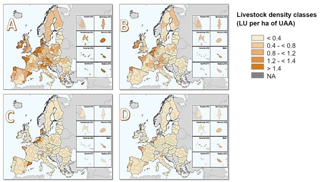 Densità del bestiame nell'Unione europea nel 2016 per: (a) tutti il bestiame, (b) bovini, (c) suini e (d) pollame. Stima dividendo il numero di unità di bestiame per la superficie agricola utilizzata (SAU) all'interno di ciascuna regione NUTS 2. Fonte: Eurostat, marzo 2020; mappe realizzate da Matteo Sposato, SRUC.