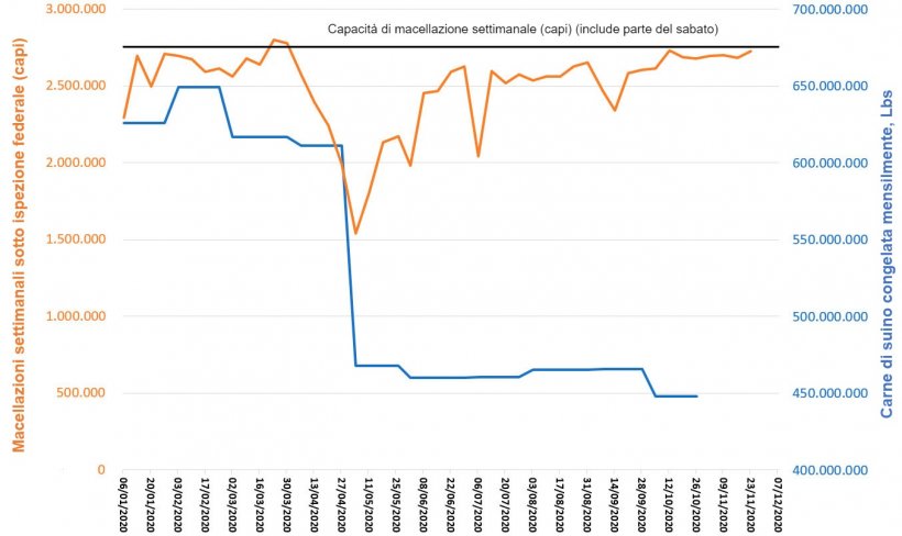 Grafico 2. Macellazioni settimanali sotto ispezione federale e stoccaggio mensile congelato negli Stati Uniti nel 2020. Fonte: USDA, NASS, Quickstats
