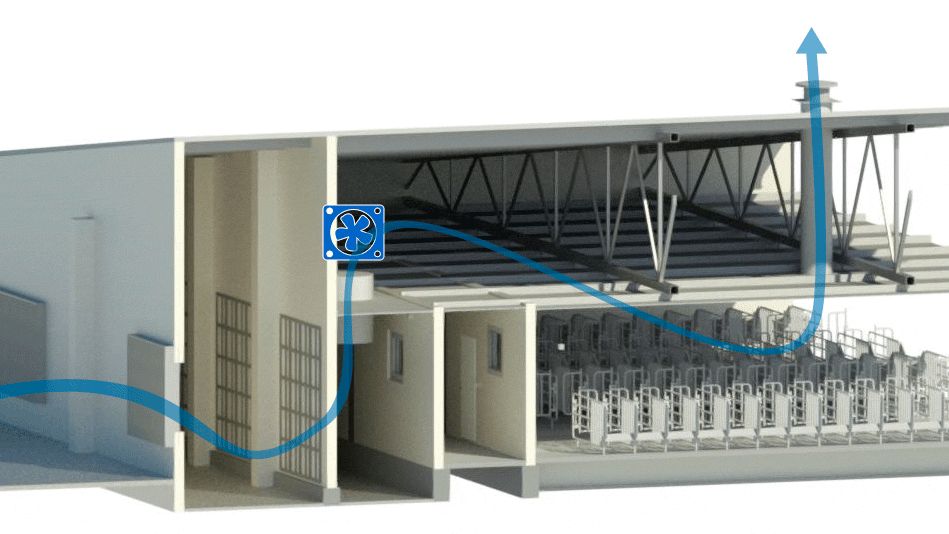 Figura 2: Capannone di gestazione a pressione positiva con filtraggio d'aria ed estrazione meccanica.
