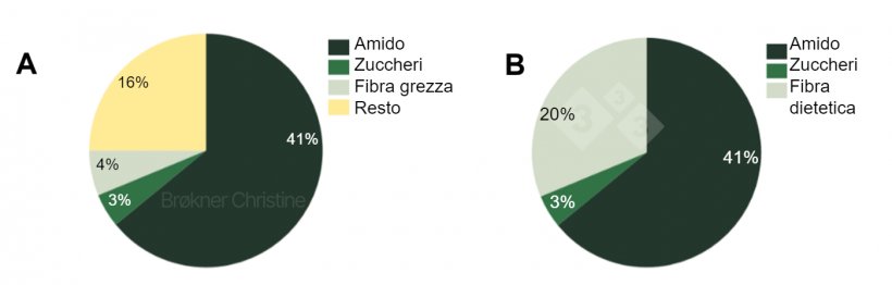 Figura 2. Una dieta, due analisi diverse per quantificare il contenuto totale di carboidrati&nbsp;(64%) di un mangime commerciale di svezzamento. (A)&nbsp;L&#39;analisi prossimale ha le sue limitazioni e non riconosce il&nbsp;16% della frazione di&nbsp;fibra. (B) L&#39;analisi chimico-enzimatica identifica tutte le frazioni di carboidrati.
