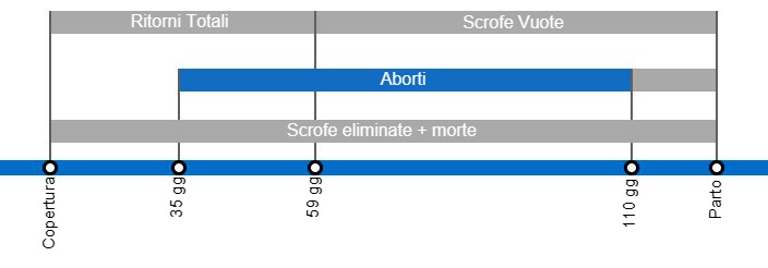 Tipi di perdite di gestazione che portano ad un calo della portata al parto, con il dettaglio dei diversi tipi di perdite secondo l'intervallo tra inseminazione e perdita.