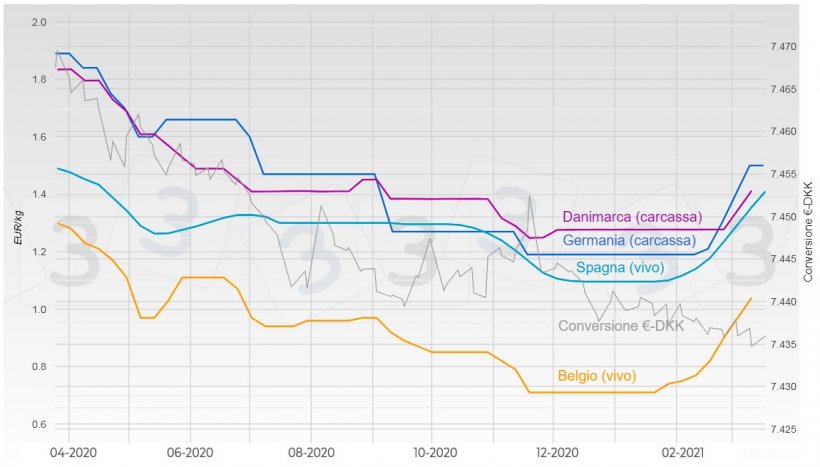 Grafico 1. Evoluzione del prezzo del suino&nbsp;in Germania, Spagna, Danimarca e Belgio.
