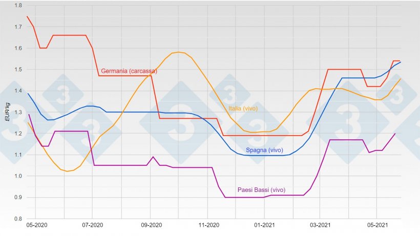 Grafico 1. Evoluzione del prezzo del suino in Germania, Spagna, Paesi Bassi e Italia.
