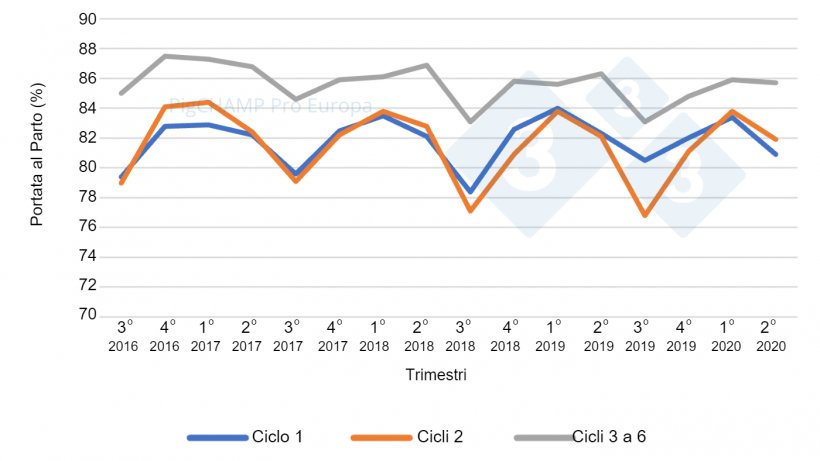 Grafico 4. Portata al parto per ciclo e per trimestri di coperture: coperture periodo Luglio&nbsp;16-Giugno 20.
