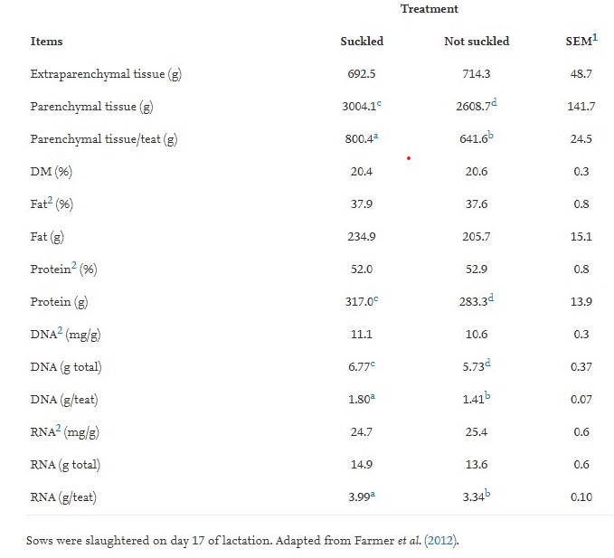 La composizione della ghiandola mammaria di scrofe di 2&deg; parto di 4 ghiandole funzionali che sono state precedentemente nella prima lattazione&nbsp;succhiate (n.16) oppure non succhiate (n.16).
