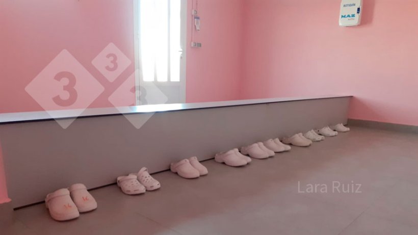 Foto 3. È importante che quest'area sia ampia, perché nei grandi allevamenti possono entrare più di 10 persone contemporaneamente. Le misure ideali per questa panca sono 60 cm di larghezza * 40 cm di altezza. Dopo la panchina, lo staff indossa le ciabatte infradito che verranno utilizzate negli spogliatoi. Foto per gentile concessione di Lara Ruiz.
