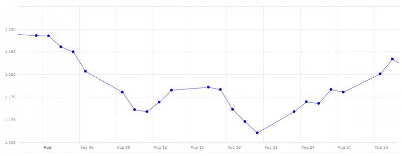 Grafico 3. Evoluzione del cambio euro/dollaro ad agosto (fonte: Banca Centrale Europea).
