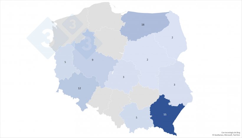 Numero di focolai di PSA in ciascun voivodato
