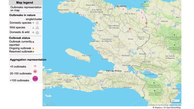 Map of ASF outbreaks in Haiti. Source: OIE. © OpenStreetMap contributors. https://www.openstreetmap.org/copyright