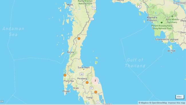 Focolai di PSA e clusters di focolai in Tailandia. © OpenStreetMap contributors. https://www.openstreetmap.org/copyright
