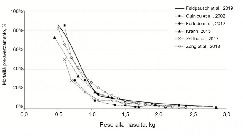 Figura 1. Effetto del peso alla nascita dei suinetti sulla mortalit&agrave; pre-svezzamento in vari studi. Feldpausch et al. (2019) i valori si basano sui valori di mortalit&agrave; pre-svezzamento previsti nel presente documento. I valori di Zeng et al. (2018) derivano da un&#39;equazione di predizione pubblicata dagli autori. Fonte: Feldpausch et al., 2019.
