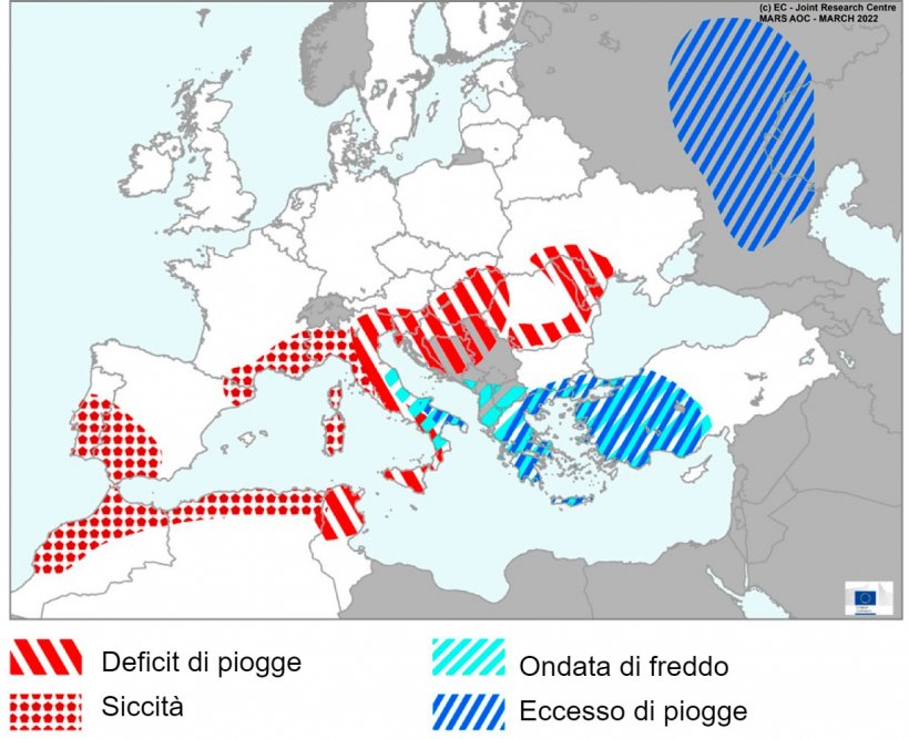 Mappa 1. Eventi meteorologici estremi in Europa dal 1 febbraio al 18 marzo 2022 (fonte: MARS Butlletin 21/03/2022)
