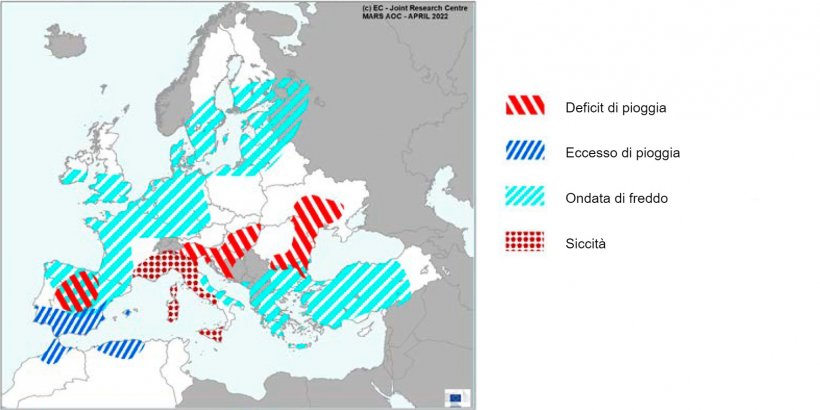 Mappa 1. Eventi meteorologici estremi in Europa dal 1 marzo al 22 marzo 2022 (fonte: MARS Butlletin 26/04/2022).
