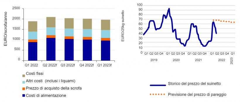 Sinistra: I costi di produzione negli allevamenti di scrofe aumenteranno dell&#39;11% nel 2&deg;&nbsp;trimestre rispetto al 1&deg; trimestre del 2022. Fonte: KWIN, InterPIG, Commissione Europea, Agrimatie, Rabobank 2022.
Destra: Previsione dei prezzi di pareggio&nbsp;dei&nbsp;suinetti. Fonte: Commissione Europea, Rabobank 2022.
