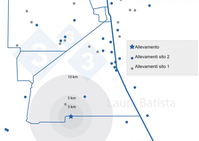 Figura 1. Ubicazione dell&#39;allevamento e densit&agrave; di allevamenti di suini nella zona
