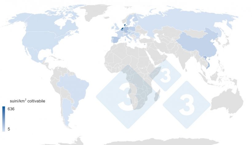 Mappa 1. N&ordm; di suini/km2 di terra coltivabile nei principali produttori mondiali nel&nbsp;2020. Dati&nbsp;terreni coltivabili: Banca&nbsp;Mondiale. Dati censimenti:&nbsp;3tres3
