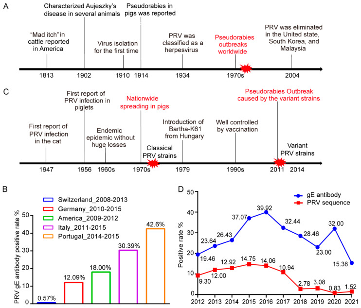 Figura 1 La prevalenza della pseudorabbia in tutto il mondo: (A) storia epidemica di PRV in tutto il mondo. La forma rossa dell'esplosione rappresenta focolai di pseudorabbia. (B) La sorveglianza segnalata dell'infezione da PRV nei cinghiali, come illustrato dal tasso di positività dell'anticorpo PRV gE. (C) Storia dell'epidemia di PRV in Cina. La forma rossa dell'esplosione rappresenta focolai di pseudorabbia. (D) Il tasso di positività dell'anticorpo PRV gE e delle sequenze nucleotidiche PRV gE rilevate in campioni nazionali in Cina dal 2012 al 2019.