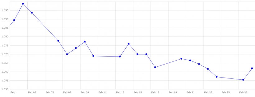 Grafico 4. Evoluzione del cambio euro/dollaro a febbraio (Fonte: Banca Centrale Europea).
