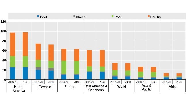 Consumo di carne pro capite (espresso in peso al dettaglio) e passaggio dal manzo al pollame. Fonte: OECD/FAO (2021), "OECD-FAO Agricultural Outlook", OECD Agricultural statistics (database), http://dx.doi.org/10.1787/agr-outl-data-en.