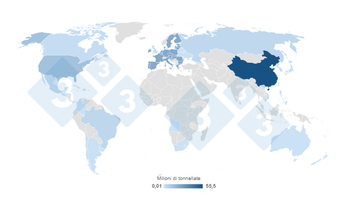 Mappa 1. Concentrazione della produzione mondiale di carne suina stimata per il 2023. Preparata dal Dipartimento di Economia e Market Intelligence con i dati del Dipartimento dell&#39;Agricoltura degli Stati Uniti (USDA).
