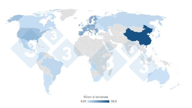 Mappa 1. Concentrazione della produzione mondiale di carne suina stimata per il 2023. Preparata dal Dipartimento di Economia e Market Intelligence con i dati del Dipartimento dell'Agricoltura degli Stati Uniti (USDA).