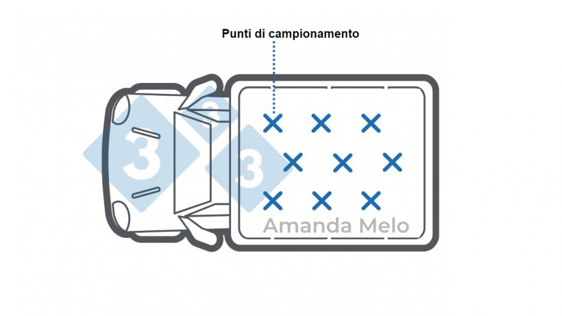 Figura 1: Schema dei punti di campionamento con trivella&nbsp;a sonda in un camion con granaglie sfuse.
