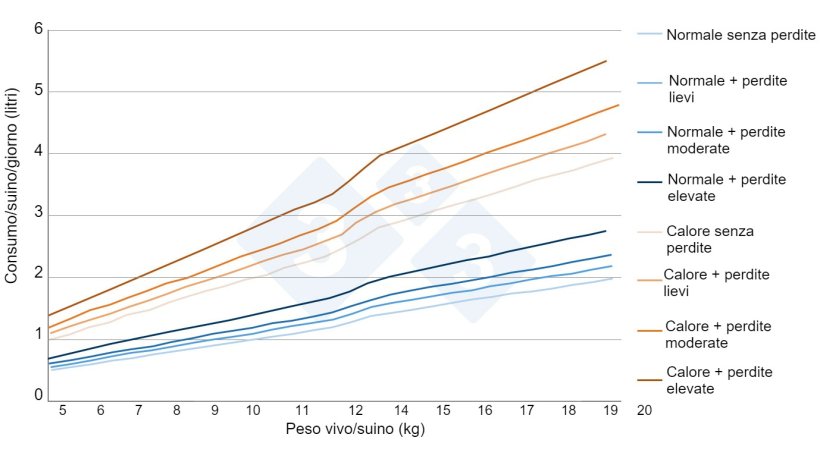 Figura 2. Stime del consumo di acqua nei suinetti in svezzamento in diverse situazioni reali di allevamento. Fonte propria.
