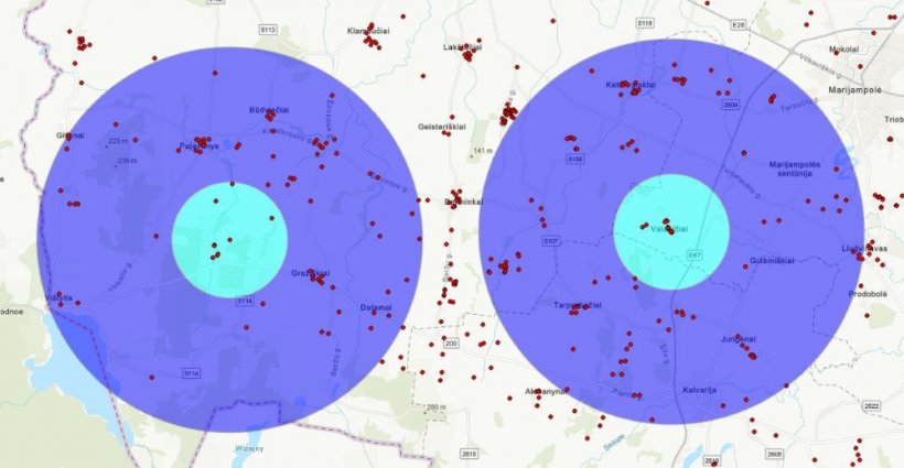 First outbreak of ASF (right) and second outbreak of ASF (left) with designated protection and surveillance zones and pig holding areas (red dots). Source:&nbsp;State Food and Veterinary Service (VMVT).
