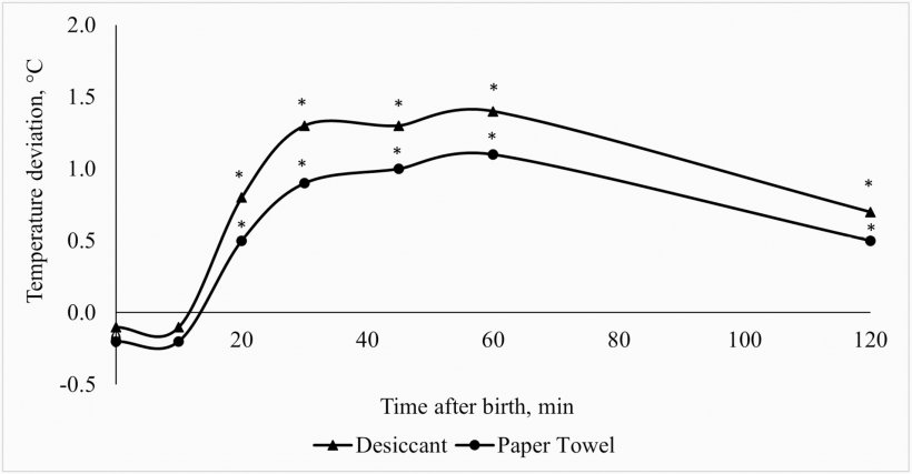 Figura 1.Deviazione della temperatura rettale dei suinetti tra i trattamenti asciuganti&nbsp;(asciugante&nbsp;o tovagliolo di carta) e quelli non asciuganti&nbsp;(controllo) nelle prime 2 ore dopo la nascita. *Deviazione rispetto al trattamento di controllo diversa da 0, a P &le; 0,05.
