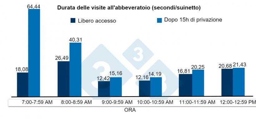 Figura 2.&nbsp;Durata delle visite all&#39;abbeveratoio (secondi) per suinetto dopo 15 ore di privazione o libero accesso all&#39;acqua.
