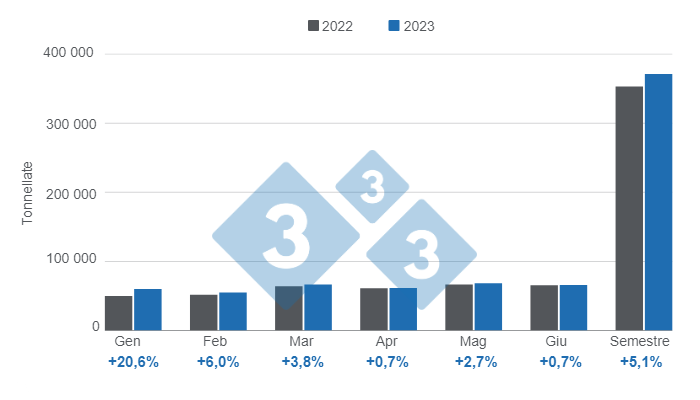 Grafico 1: Evoluzione della produzione di carne suina argentina nella prima met&agrave; del 2023. Preparato da 333 con i dati del Segretario dell&#39;agricoltura, dell&#39;allevamento e della pesca del Ministero dell&#39;Economia dell&#39;Argentina.
