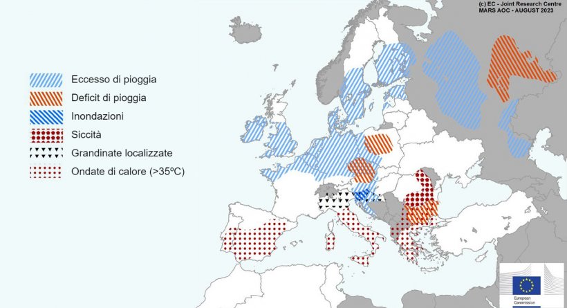 Mappa 1. Eventi climatici estremi in Europa dal 1 luglio al 13 agosto 2023 (fonte: MARS Butlletin 21/08/2023).
