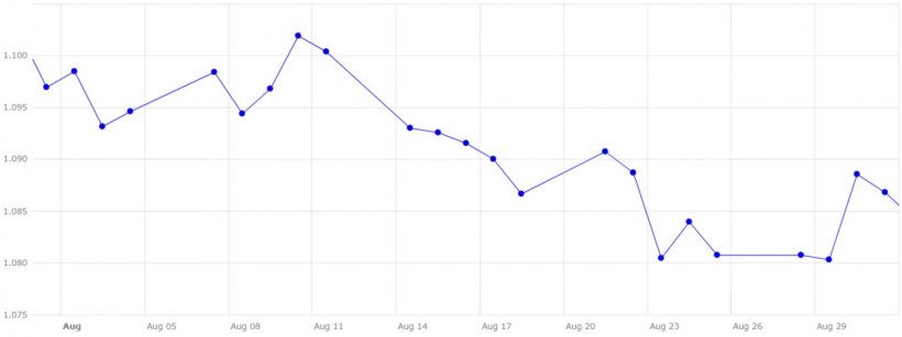 Grafico 4. Evoluzione del cambio euro/dollaro nel mese di agosto (fonte: Banca Centrale Europea).
