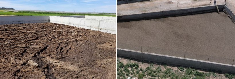 Immagine 1. Efficienza di riduzione delle emissioni di NH3 del 40-60% con materiali galleggianti: nella foto a sinistra, crosta naturale compatta con carico e scarico sotto crosta e nella foto a destra, Arlita (immagine fornita da Arvet).
