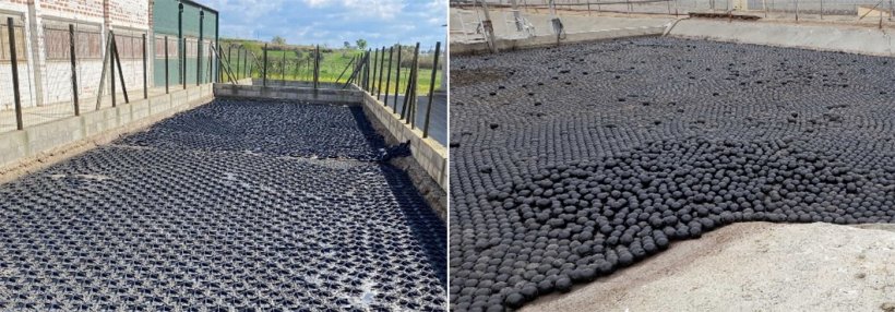 Immagine 2. Efficienza di riduzione delle emissioni di NH3 del 60% con pezzi geometrici galleggianti: nella foto a sinistra, esagoni HEXA-COVER (immagine fornita da DPLAN) e palline FLOATING HONEYCOMB riempite d&#39;acqua nella foto a destra.
