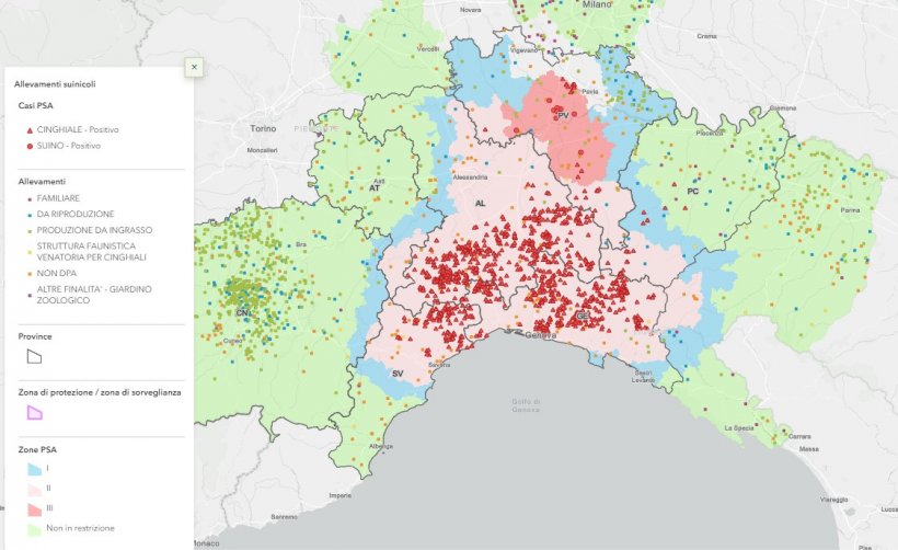 La cartina del Nord Italia pubblicata dal Bollettino Epidemiologico Nazionale evidenzia in colore rosso i positivi: triangolo rappresenta i cinghiali e il circolo i suini. 