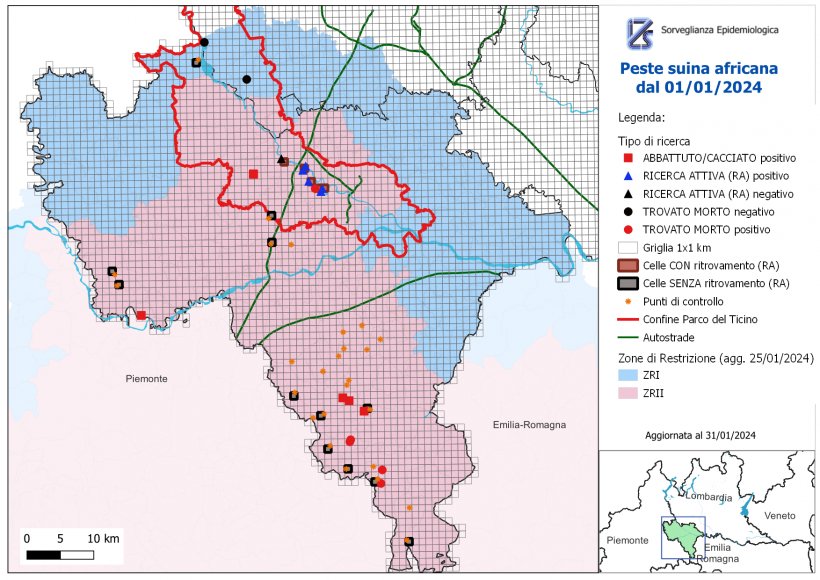 Figura rappresentativa delle azioni di sorveglianza alla Peste Suina Africana dal 1&deg; gennaio 2024.
