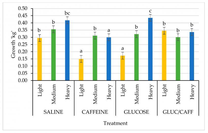 Figura 1. Confronto della crescita per le categorie di peso alla nascita (leggero (giallo): 1,5 kg) dal primo al terzo giorno di età tra i quattro trattamenti: soluzione salina (SAL), caffeina (CAFF), glucosio (GLUC) e caffeina più glucosio (CAFF-GLUC). Le medie con lettere diverse (abc) sono significativamente diverse (p 