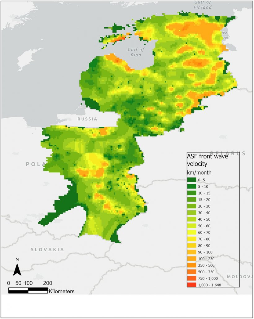 Figura 3. Velocit&agrave; prevista dell&#39;onda anteriore della PSA nei cinghiali (km/mese) durante il periodo da gennaio 2014 a gennaio 2022. I colori verdi rappresentano una velocit&agrave; inferiore, mentre i colori rossi rappresentano una velocit&agrave; maggiore della velocit&agrave; prevista dell&#39;onda anteriore della PSA nei cinghiali.
