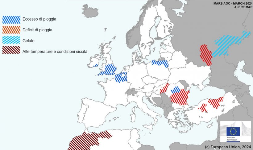 Mappa 1. Eventi climatici estremi in Europa dal 1 febbraio 2024 al 16 marzo 2024 (fonte: MARS Bulletin 25/03/2024).
