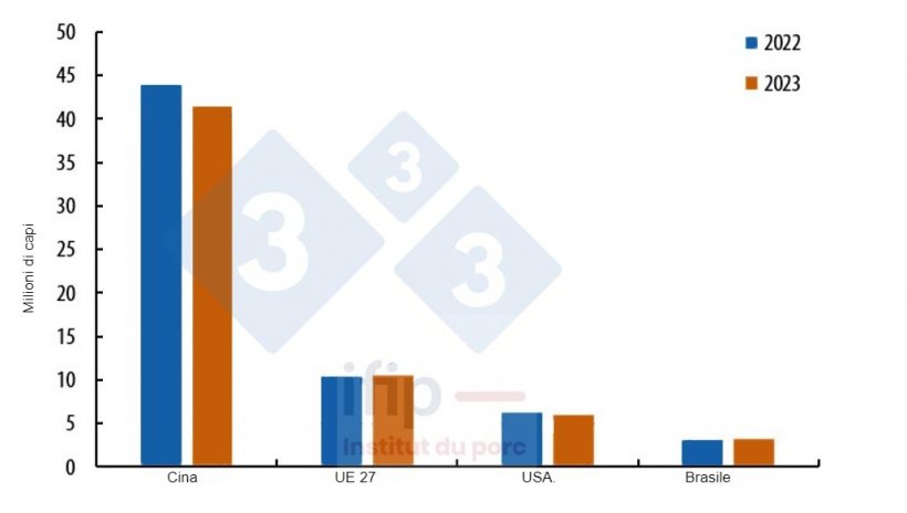 Evoluzione del patrimonio scrofe riproduttrici nei principali produttori mondiali a fine 2023/2022. Fonte: IFIP secondo Eurostat, MoA e USDA.
