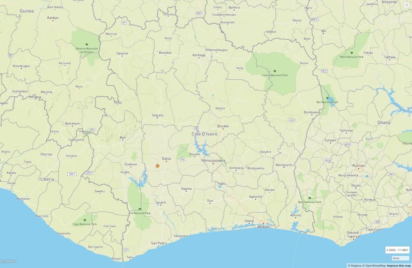 Localizzazione dell&#39;epidemia di PSA a Sassandra-Marahou&eacute;, Costa d&#39;Avorio.
