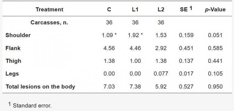 Tabella 3. Lesioni cutanee (conteggio per regione corporea e numero complessivo) dei tre gruppi sperimentali (C = controllo, L1 = nebulizzazione lavanda una volta al giorno, L2 = nebulizzazione lavanda due volte al giorno) valutate sulle carcasse. Le medie con asterisco all'interno della stessa riga sono tendenzialmente diverse tra loro (p < 0,1).