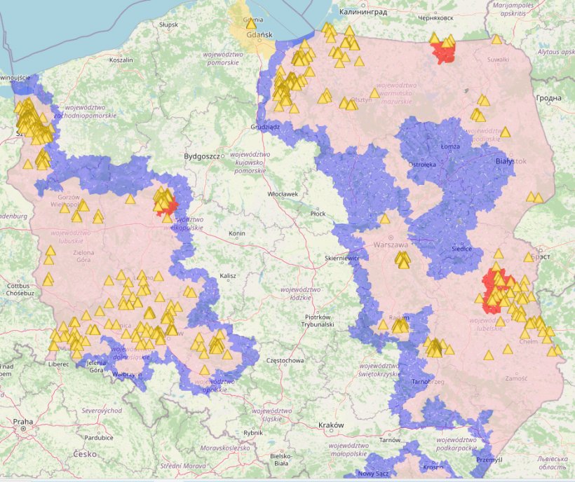 Mappa dei casi di PSA nei cinghiali nel 2024.
