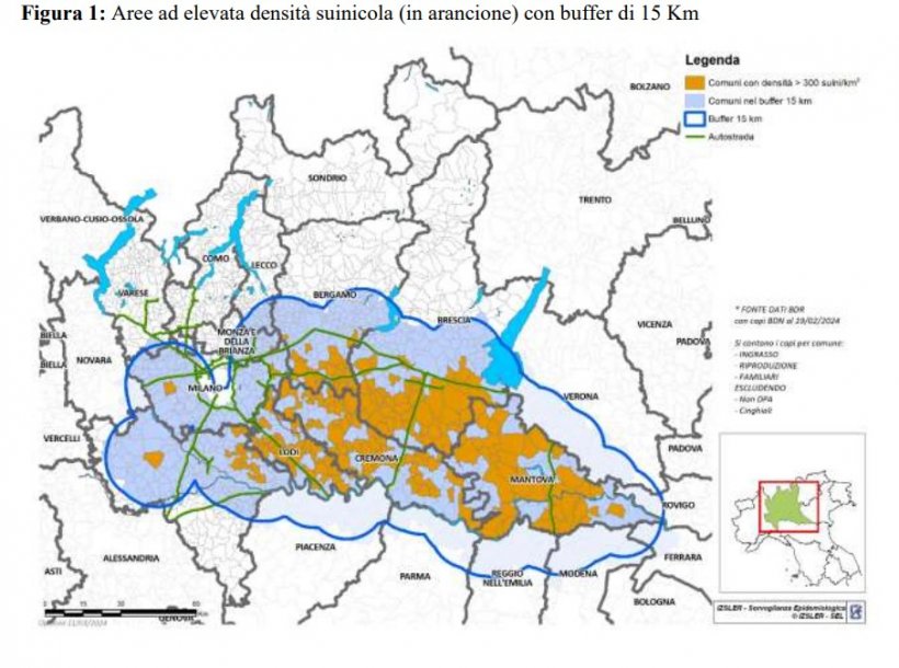 Aree ad elevata densità suinicola (in arancione) con buffer di 15 Km
