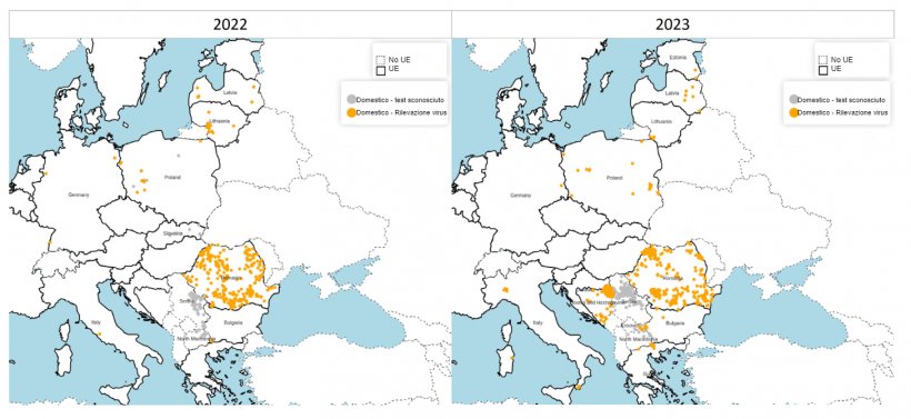Distribuzione spaziale dei focolai confermati di PSA tra i suini domestici nel 2022 (a sinistra) e nel 2023 (a destra). Fonte: ADIS, accesso 1 febbraio 2024. &copy; EuroGeographics per i confini amministrativi.

